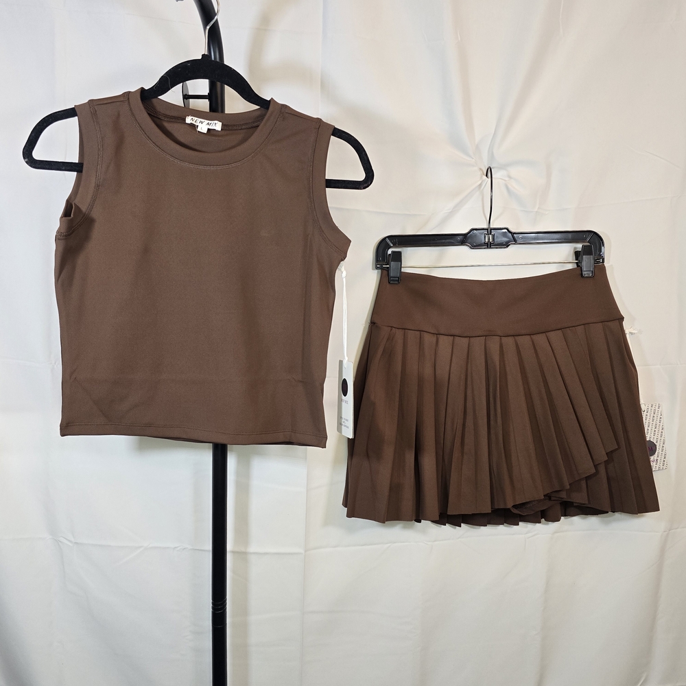 New Mix Brown Sleeveless Top & Pleated Mini Skirt Set